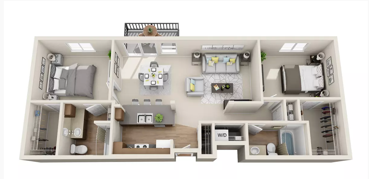 Floor plan for 2 beds, 2 baths, 1240 sqft
